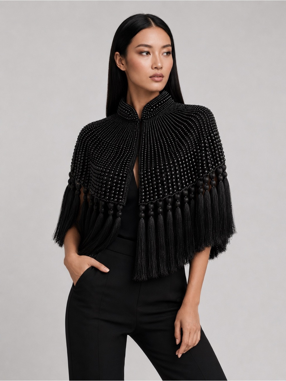 Black Beaded Tassel Capelet - Elegant Women's Cape - Picture 4 of 5